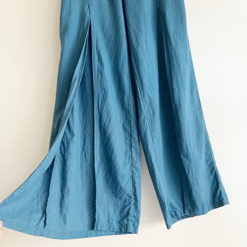 H/G Split Front Pants Womens Sz Small Linen Blend Blue High Rise Wide Leg Slit - Picture 4 of 7